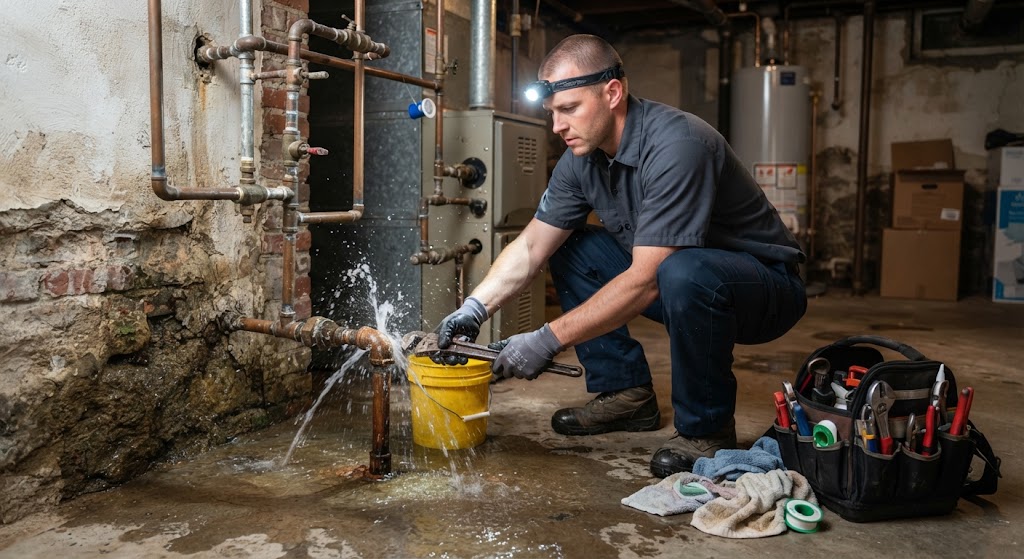 Plumber responding to an emergency leak repair Plainfield NJ