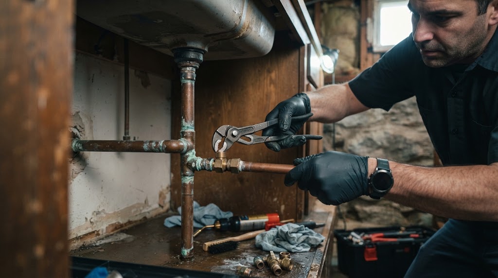 Pinhole leak repair Plainfield showing a replaced section of copper pipe