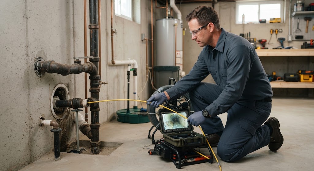 Plumber performing sewer camera inspection Plainfield